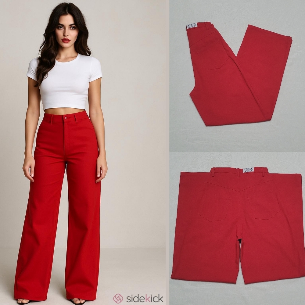 Cocolillys Red Cotton Wide Leg Yoke Back Ultra High Waisted Ribcage Jeans XS